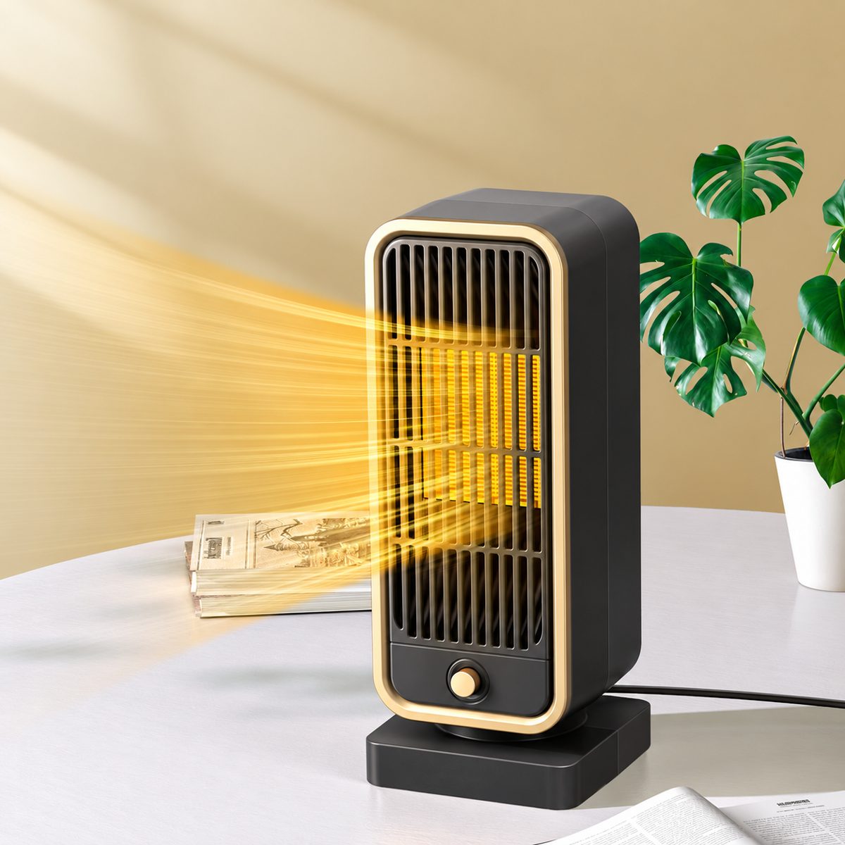 Keilini Heater Pro on a white table, with stylised lines showing warm air flowing forward