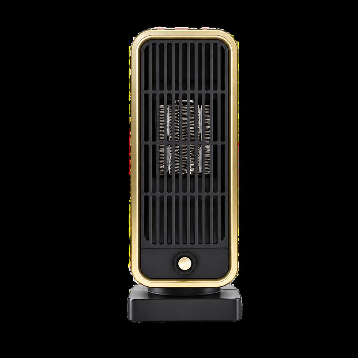 Front view of the Keilini Heater Pro showing its grille, gold frame and single control dial